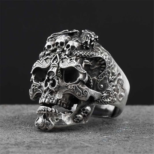 Silver Mens Vintage Black Tattoo Gothic Punk Skull Biker Ring
