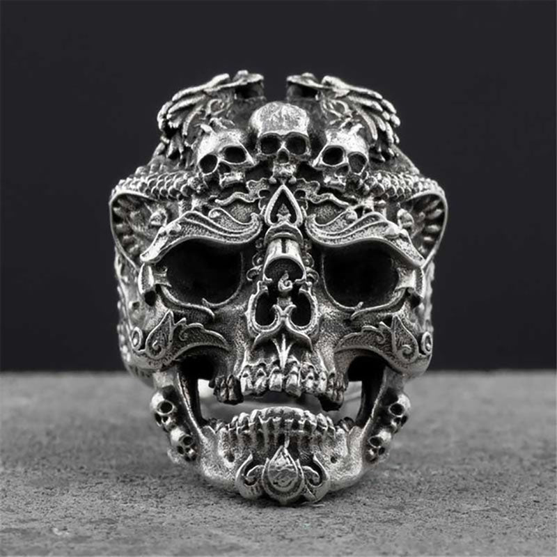 Silver Mens Vintage Black Tattoo Gothic Punk Skull Biker Ring