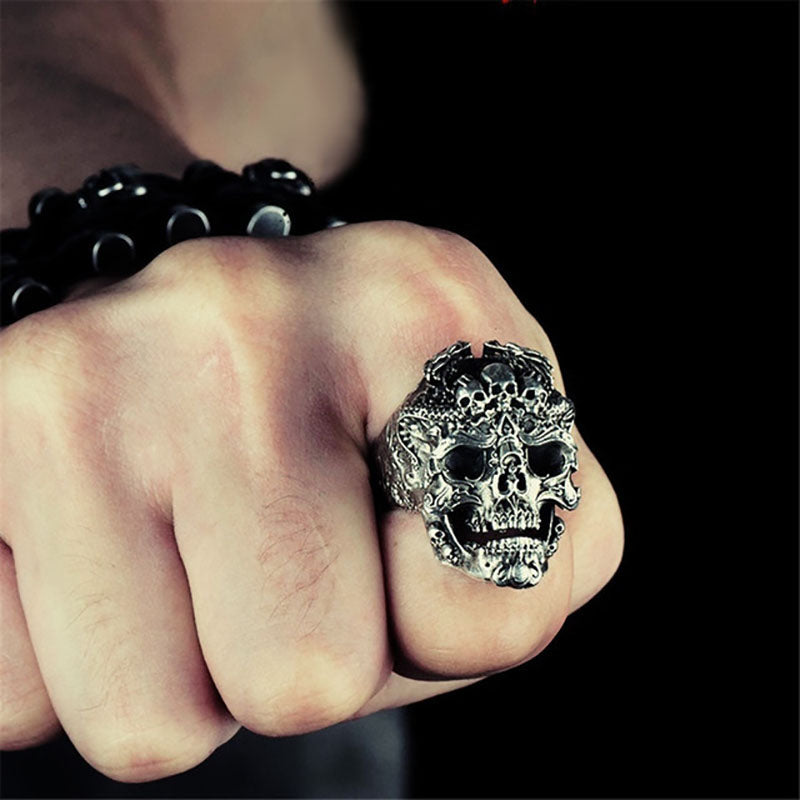 Silver Mens Vintage Black Tattoo Gothic Punk Skull Biker Ring