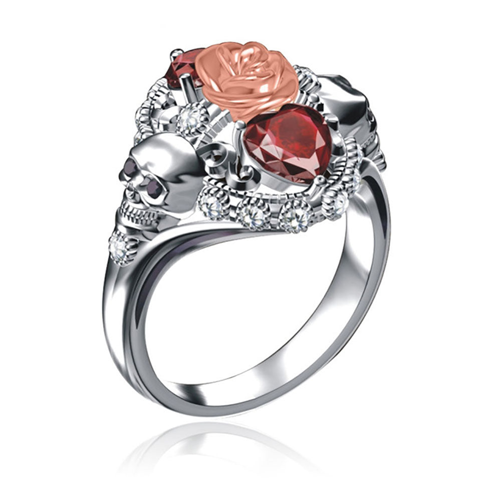 Anel de casamento gótico de diamante e crânio de prata para mulheres