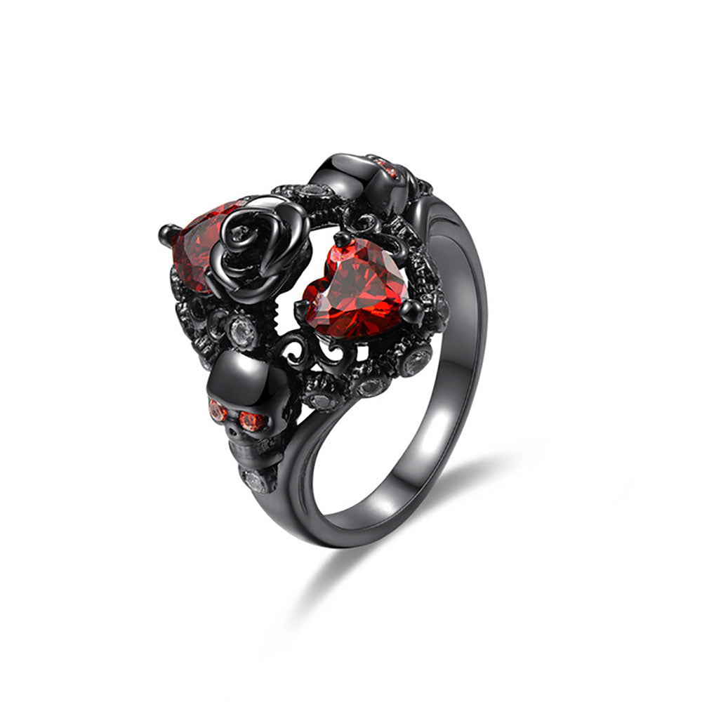 Anel de casamento gótico de diamante e crânio de prata para mulheres