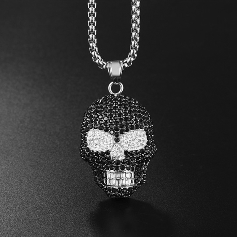 Skull Heads Pendant Black Gem Necklace Men