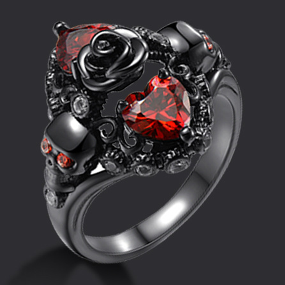 Anel de casamento gótico de diamante e crânio de prata para mulheres