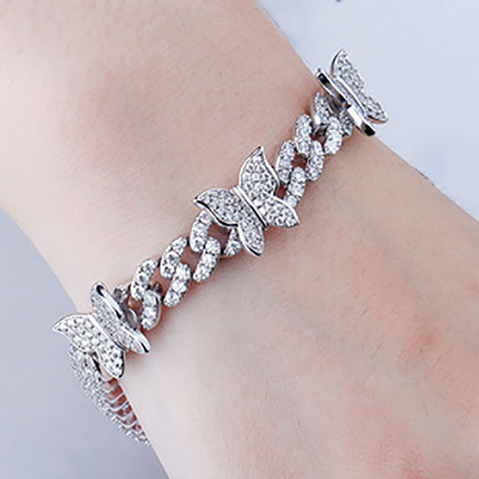 Moissanite Iced Out Butterfly Cuban Link Chain Bracelet Women