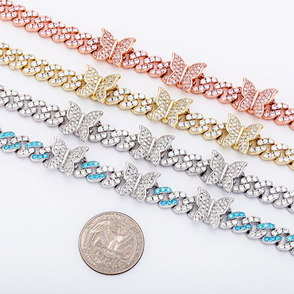 Moissanite Iced Out Butterfly Cuban Link Chain Bracelet Women