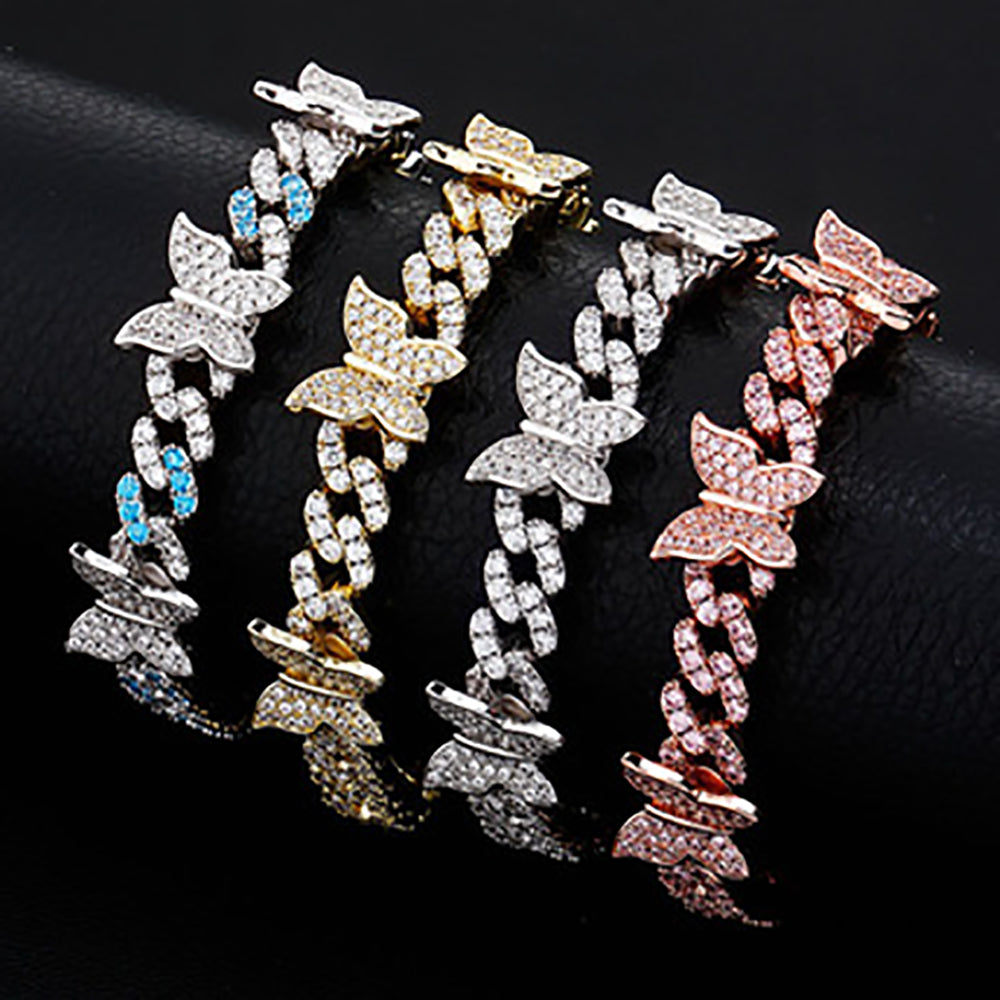 Moissanite Iced Out Butterfly Cuban Link Chain Bracelet Women