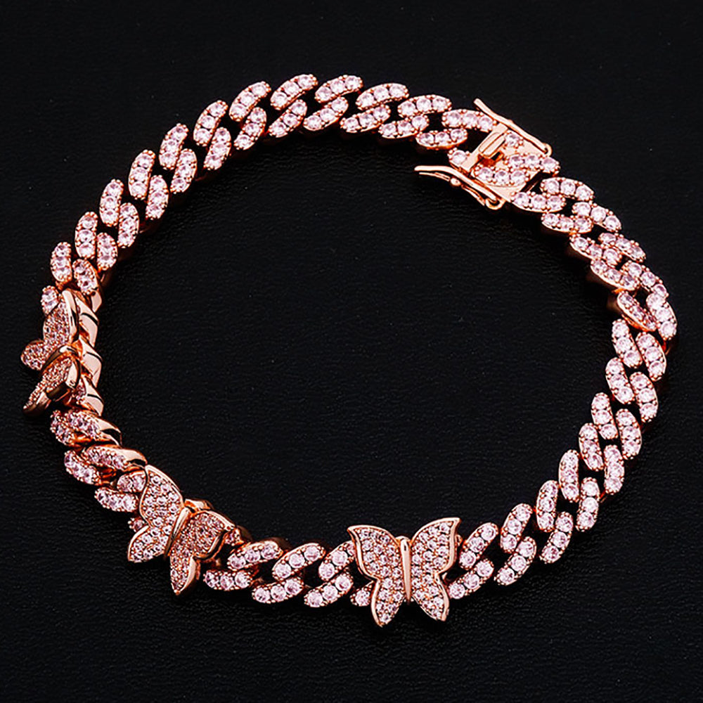 Moissanite Iced Out Butterfly Cuban Link Chain Bracelet Women
