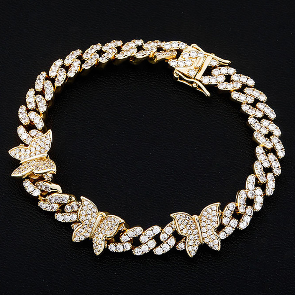 Moissanite Iced Out Butterfly Cuban Link Chain Bracelet Women