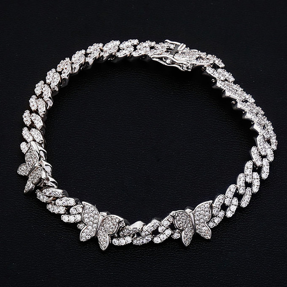 Moissanite Iced Out Butterfly Cuban Link Chain Bracelet Women