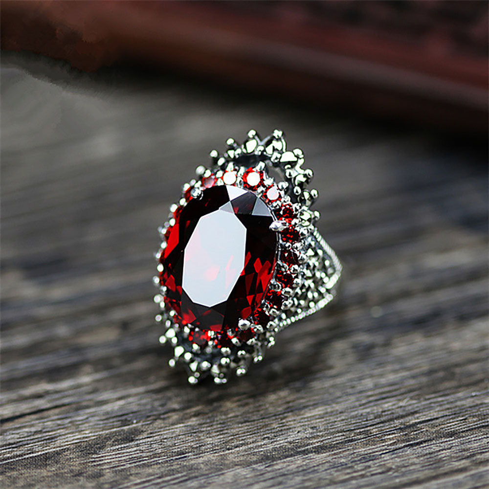 925 Sterling Silver Vintage Retro Ring with Oval Red/Blue Cubic Garnet Gothic ring for Women