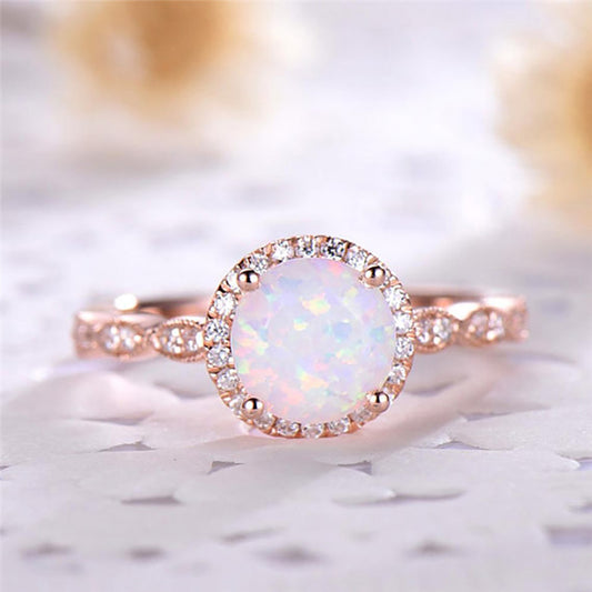 Rose Gold Round Fire Opal Stone Ring for Women Opal  Ring