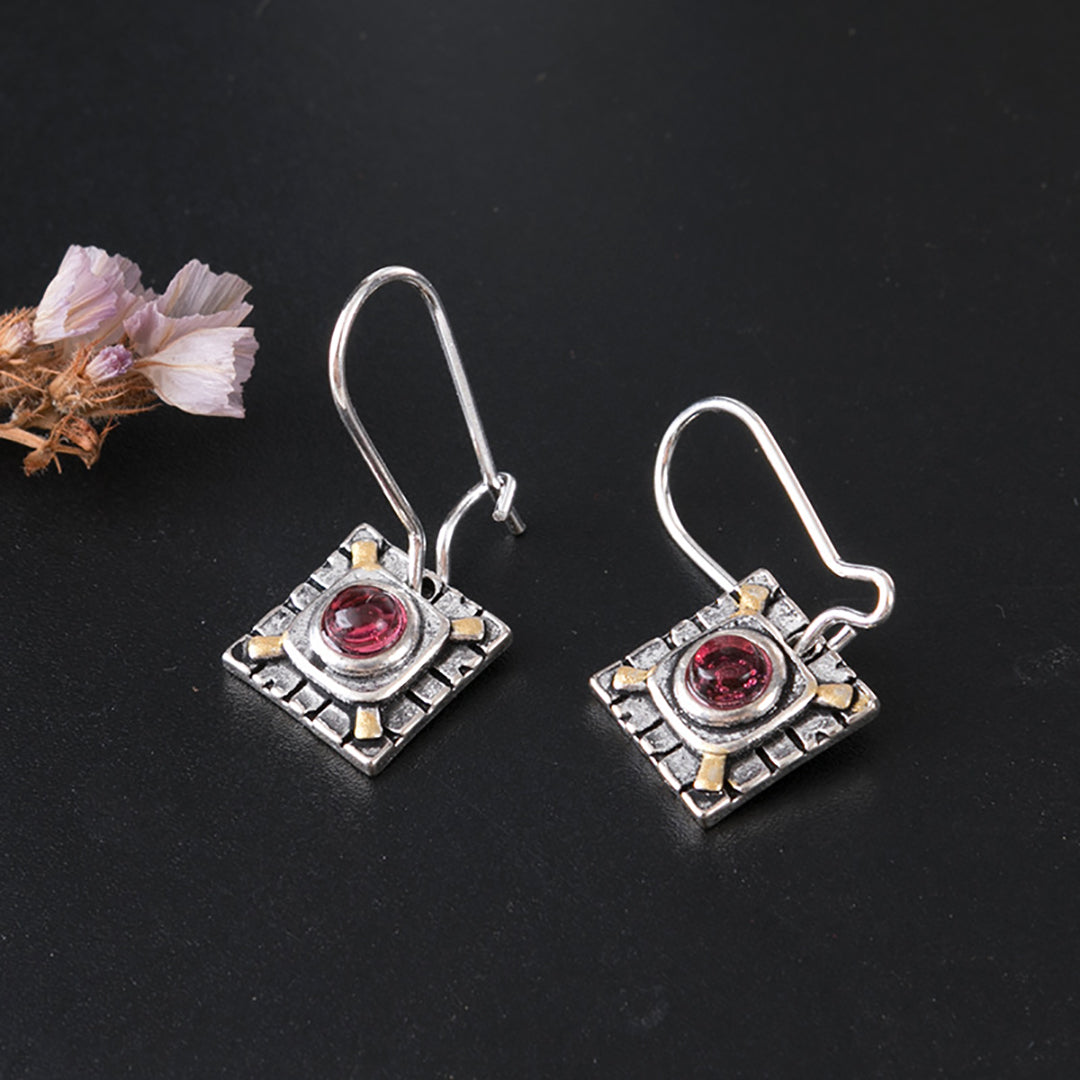 Vintage Antique Sterling Silver Gemstone Square Earring Charm For Women