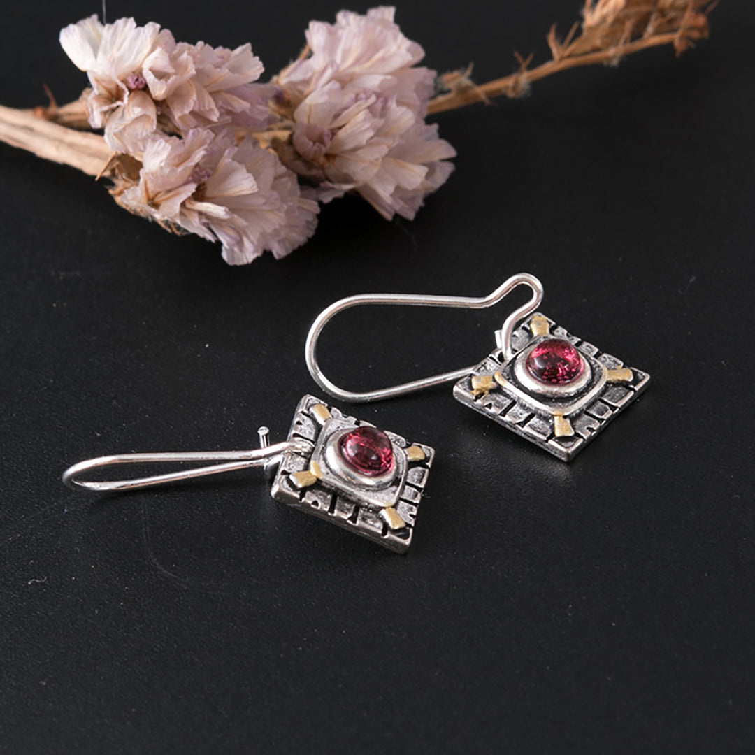 Vintage Antique Sterling Silver Gemstone Square Earring Charm For Women