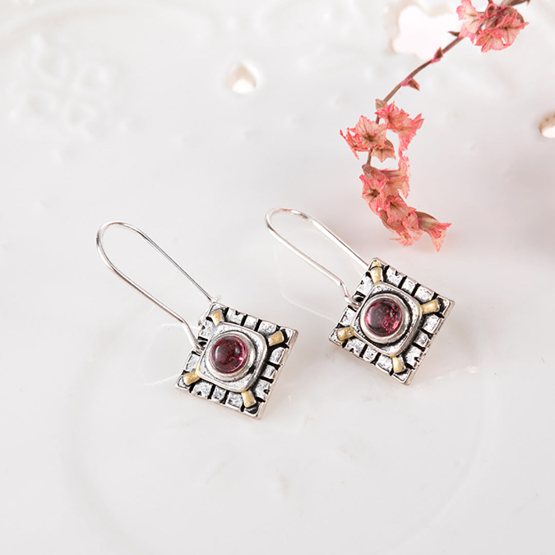 Vintage Antique Sterling Silver Gemstone Square Earring Charm For Women