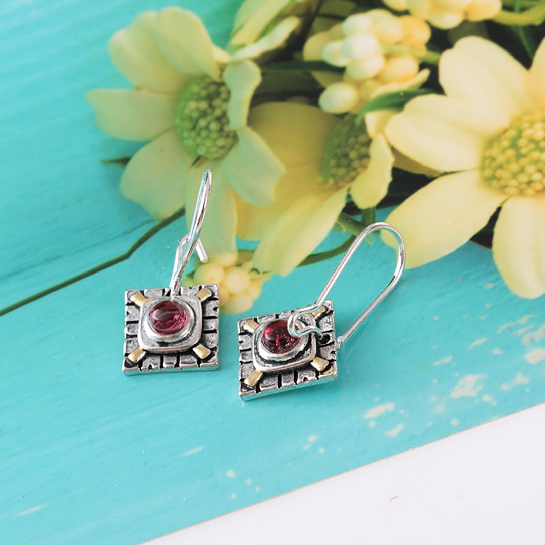 Vintage Antique Sterling Silver Gemstone Square Earring Charm For Women