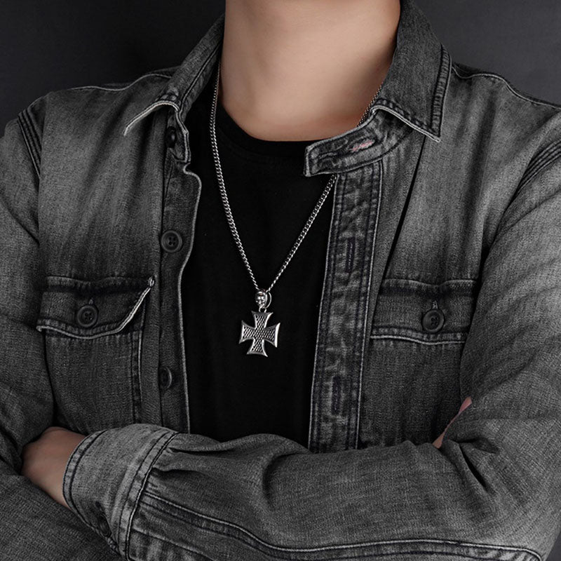 Skull Cross Biker Necklace Stainless Steel Men