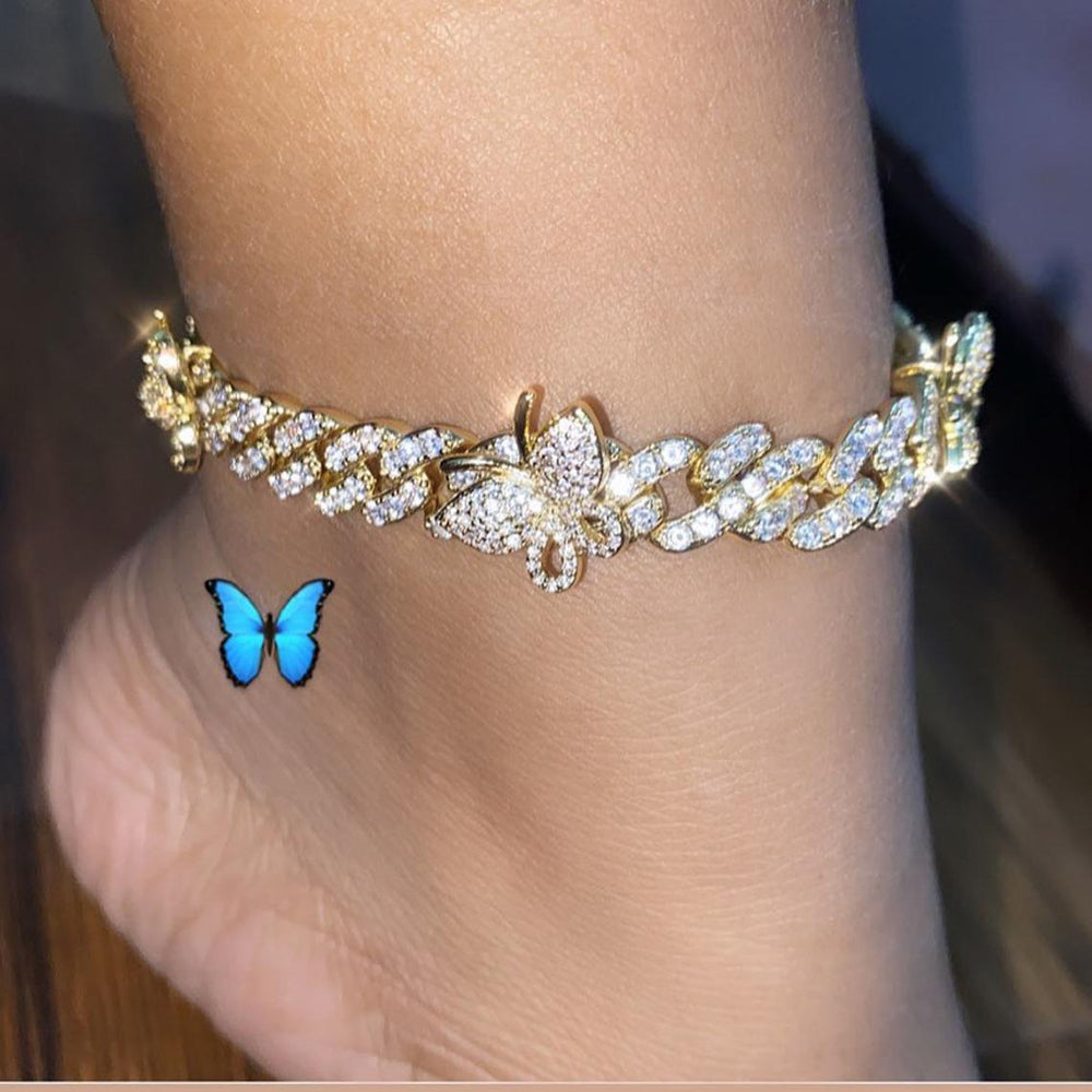 Moissanite Iced Out cuban butterfly anklet