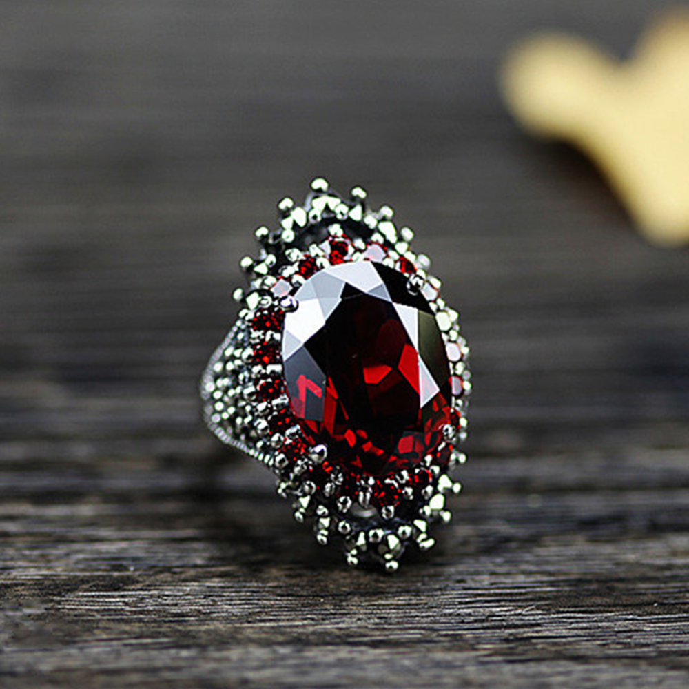 925 Sterling Silver Vintage Retro Ring with Oval Red/Blue Cubic Garnet Gothic ring for Women