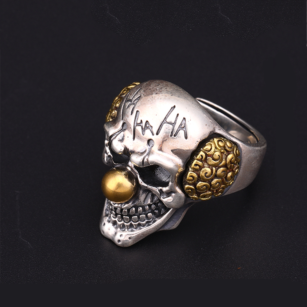 Gothic 925 Sterling Silver Clown Joker Skull Ring for Men Women Adjustable Size 8-10.5