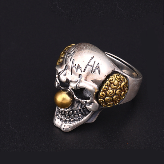 Anel de crânio de palhaço de palhaço gótico 925 de prata esterlina para homens e mulheres tamanho ajustável 8-10.5