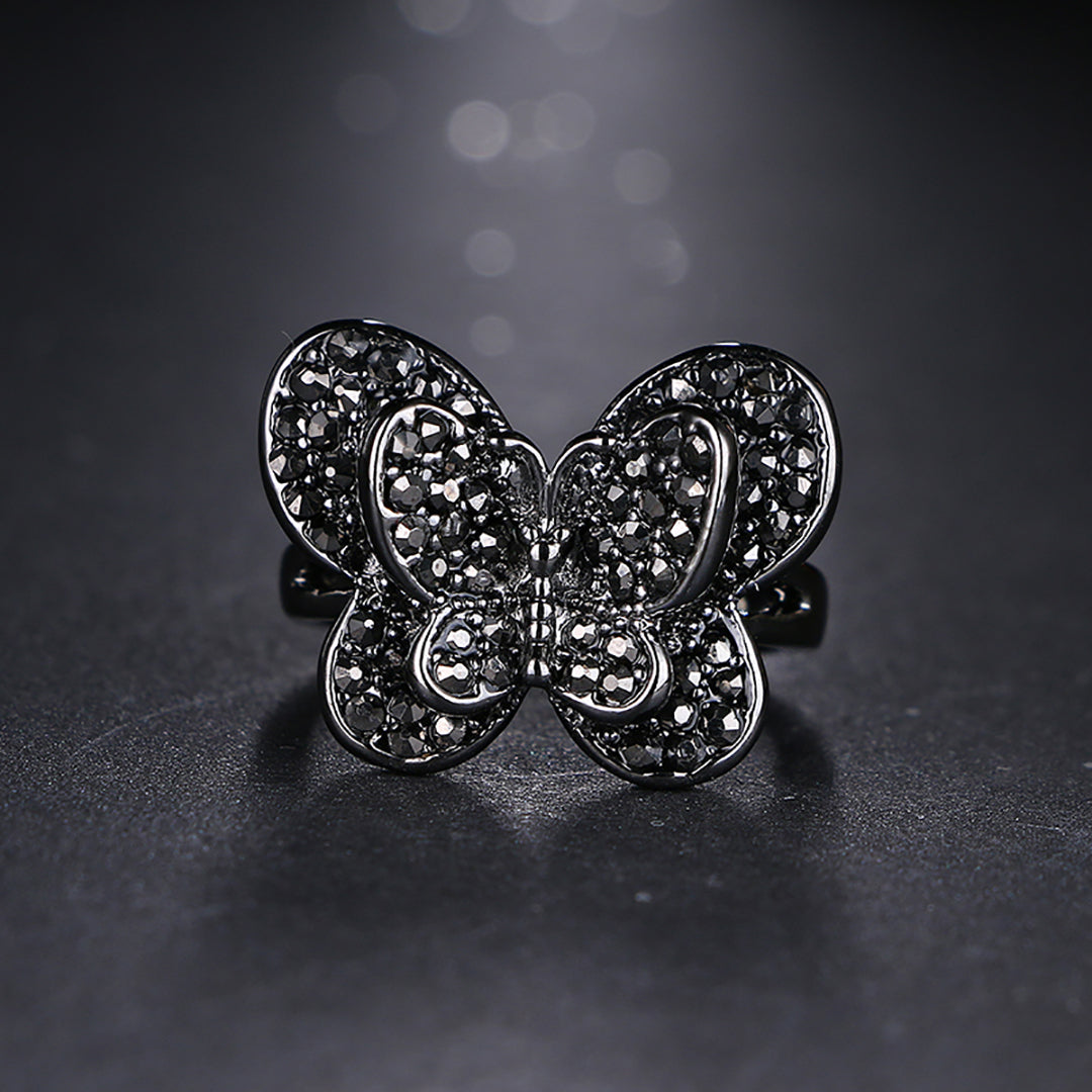 Anel de casamento gótico em forma de borboleta para mulheres com zircônia cúbica preta